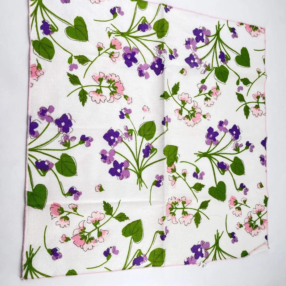Vera Neumann 60-70s Floral Napkins x8 Crisp Vibrant Purple Violets Pink Edge Tag